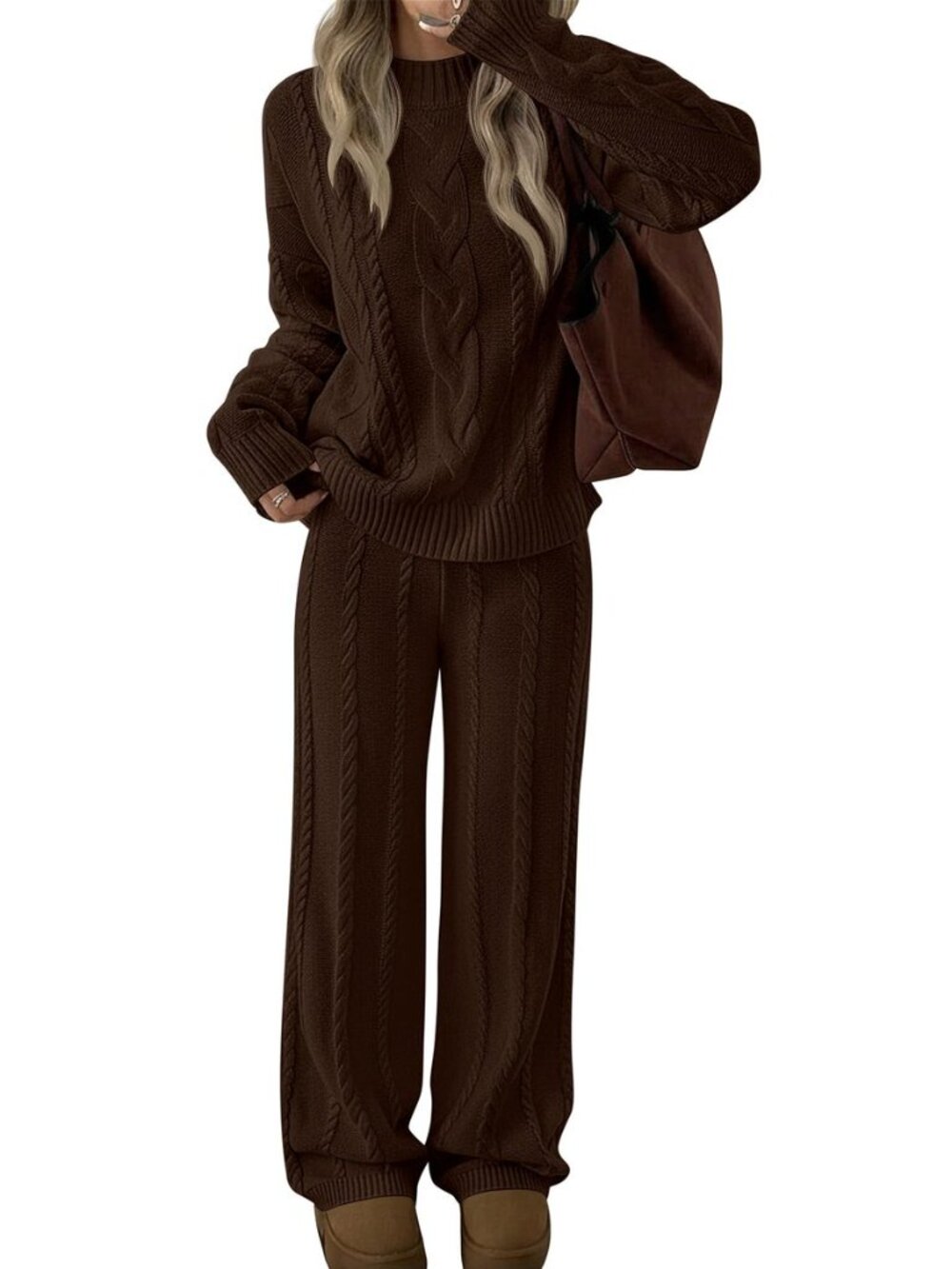 Womens 2 Piece Cable Knit Oversized Sweater Lounge Sets